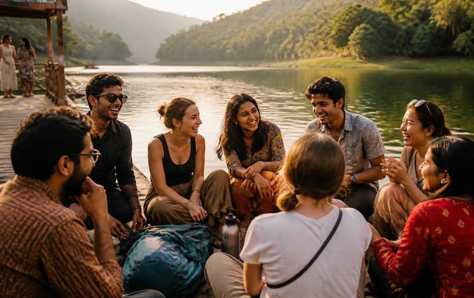 Young travellers from India and abroad laughing together on a jetty beside a green lake at sunset
